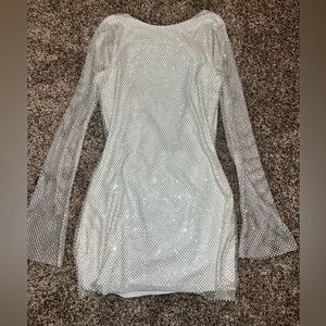 White Rhinestone Backless Mini Dress